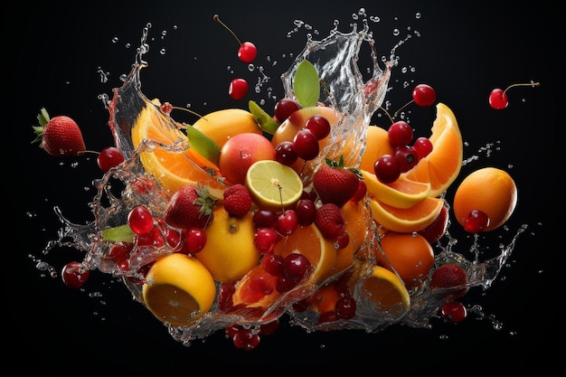 Fruit in juice splashes multiple fruits