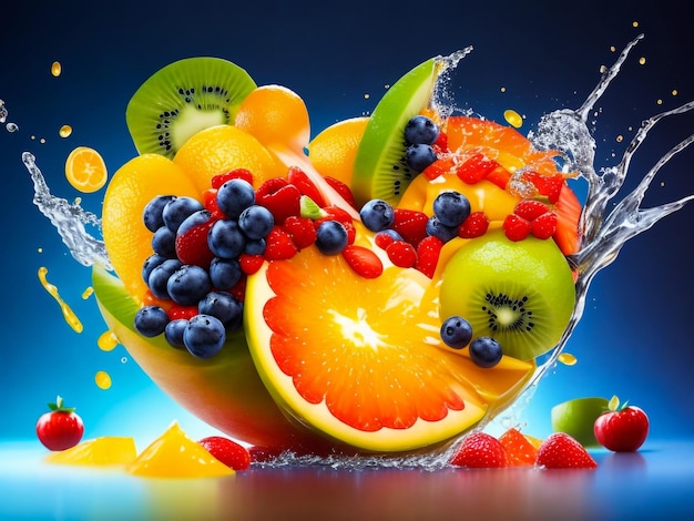 Fruit in juice splashes multiple fruits