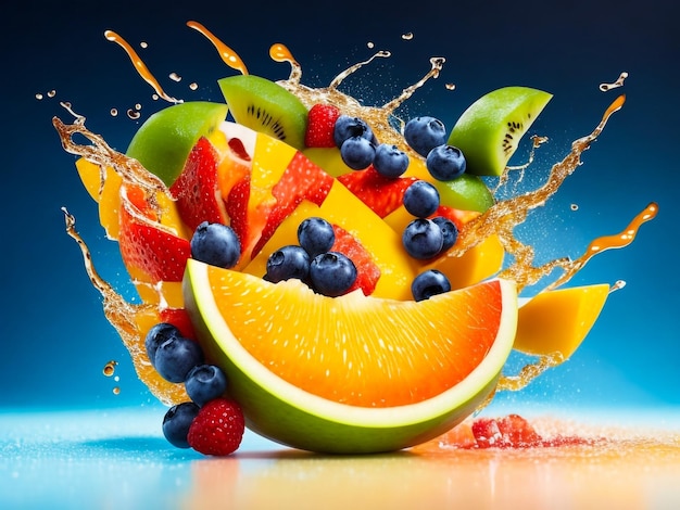 Fruit in juice splashes multiple fruits