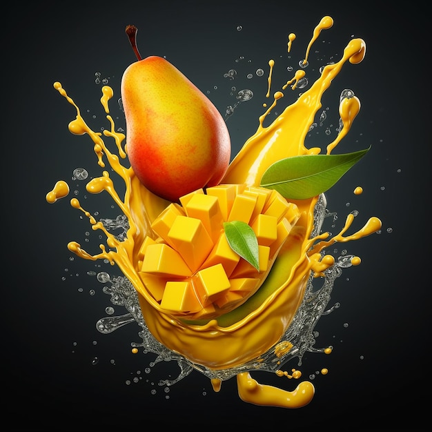 A fruit and mango fruit are in a splash of liquid.