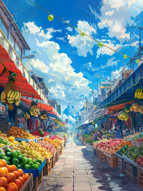 Photo fruit market blue sky and white clouds soft lighting road in the middle with many fruit wholesale