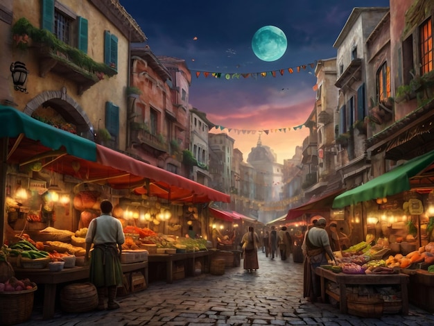 a fruit market with a banner that says  the moon