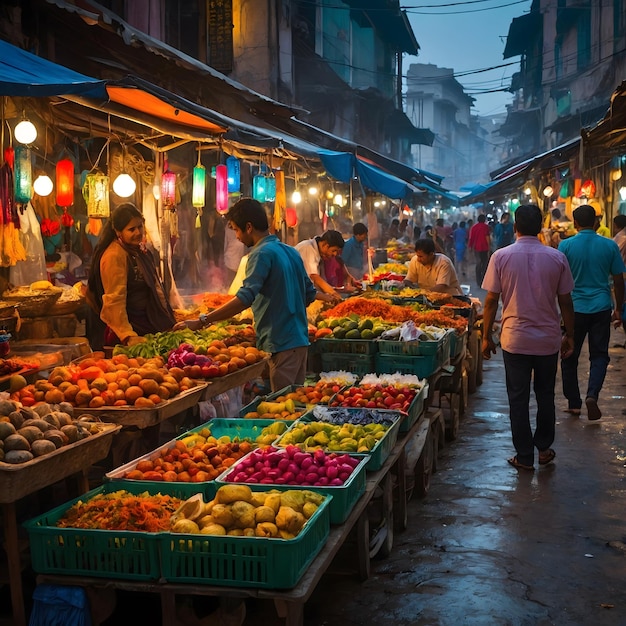 a fruit market with people walking around it and a sign that says fruit