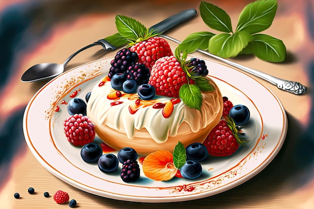 Fruit mousse with cream and berries in plate on table