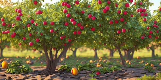 A fruit orchard with apples on the ground