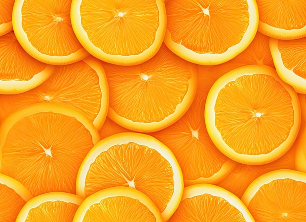 Fruit pattern of fresh orange slices on yellow background Top view Copy Space Pop art design