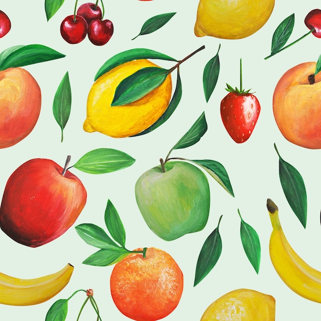 fruit pattern. oranges, bananas, apples, pears, lemon and leaves.