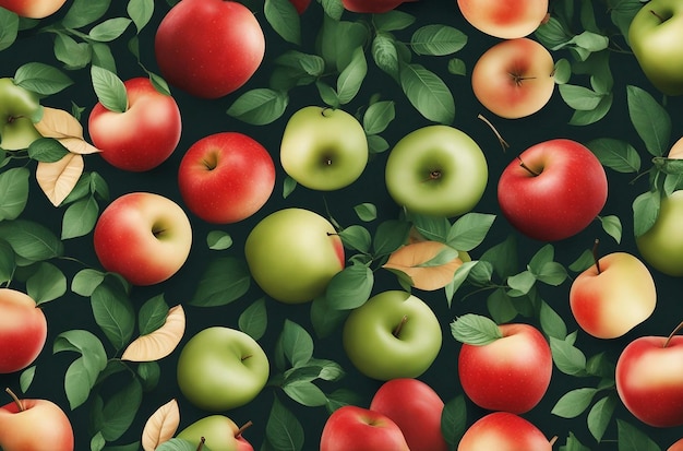 Fruit pattern Seamless pattern of apple and leaves Vintage botanical 3d illustration