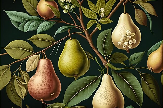 Fruit pattern seamlesspattern of pears and leaves digital illustration painting artwork