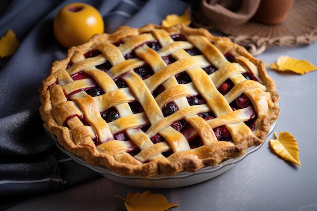 A fruit pie with a lattice crust and juicy filling created with generative ai