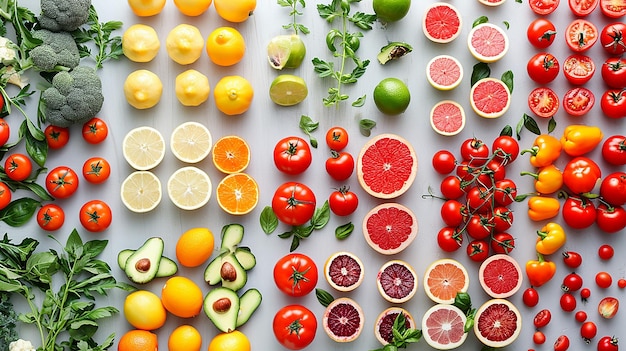 Fruit in pieces and whole arranged in an orderly and chromatically elegant