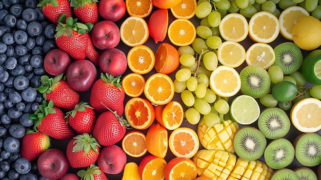 Fruit in pieces and whole arranged in an orderly and chromatically elegant