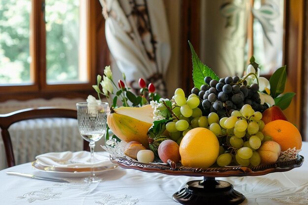 Photo fruit plate on the table of the newlyweds wedding decoration