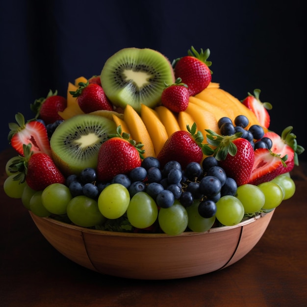 A fruit platter with different fruits including kiwi, kiwi, blueberries, and kiwi.