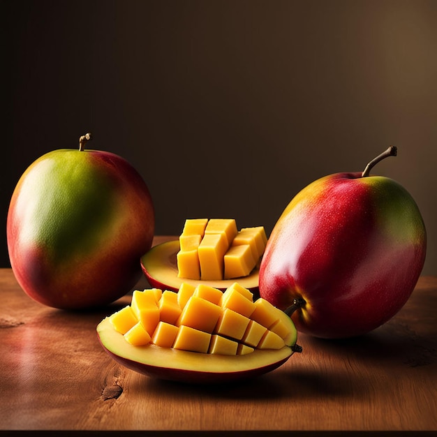 A fruit platter with mangoes and mango on it