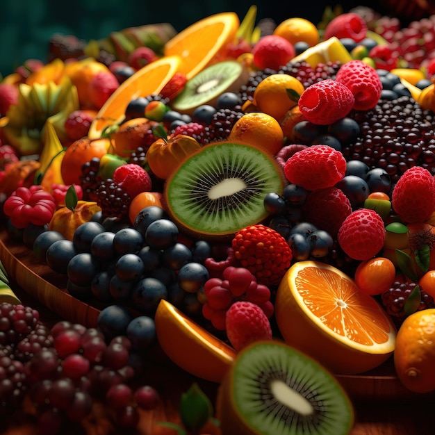 A fruit platter with a variety of fruits including kiwi, kiwi, kiwi, and kiwi.