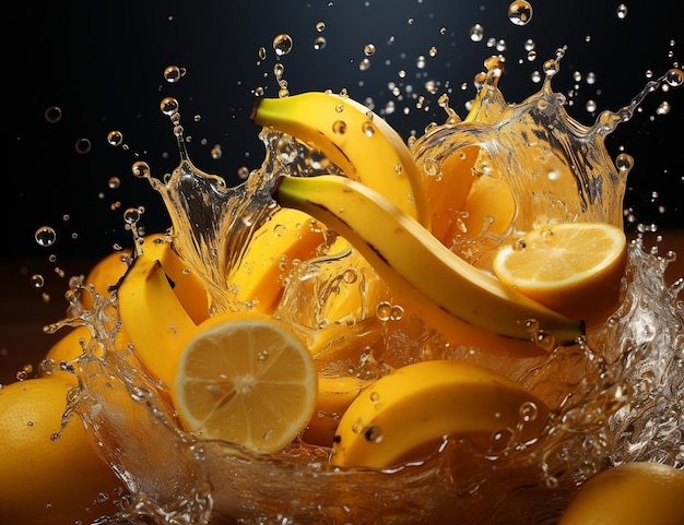 fruit rind with peeled bananas on yellow background