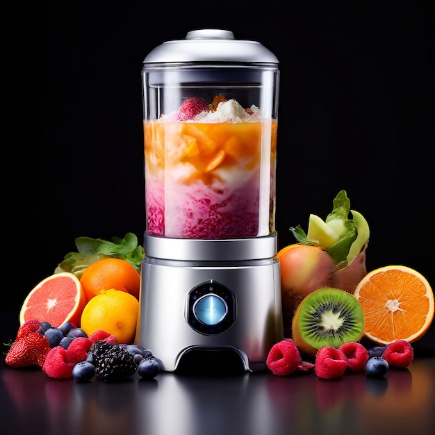 a fruit salad blender sits on a table with fruit