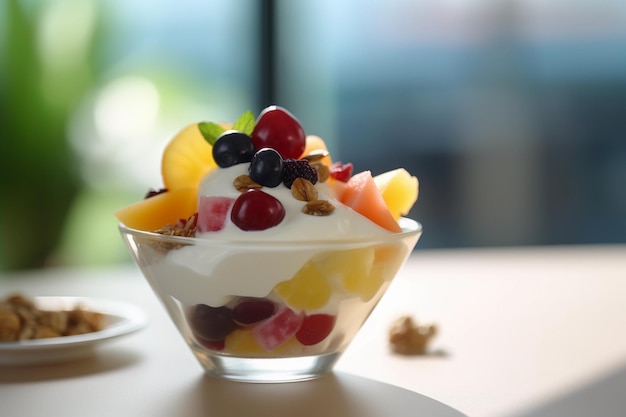 Fruit salad bowl with many fruits inside and blurry background