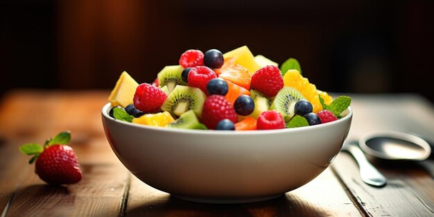 A fruit salad in a bowl on the wood table