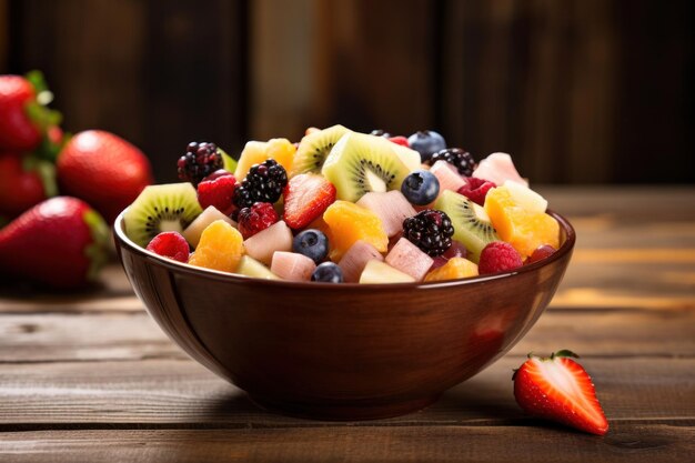 A fruit salad in a bowl on the wood table