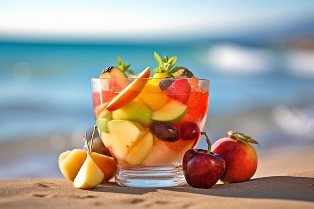 Fruit salad in a glass on the beach