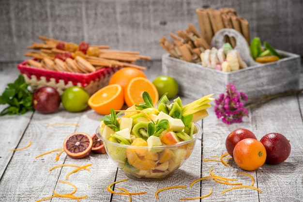 Fruit salad in glass bowl