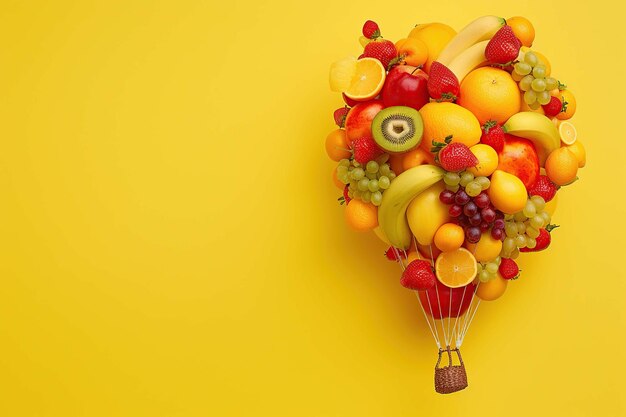 Fruit salad hot air balloon on yellow