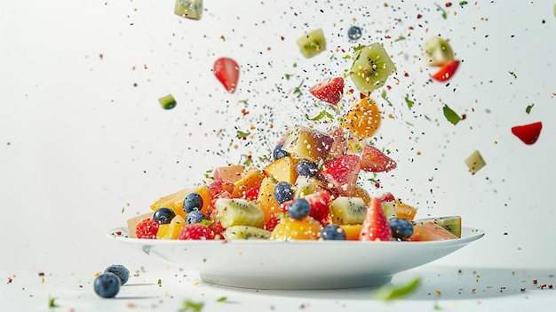 Fruit Salad Jumping off Plate with Seasoning in the Air