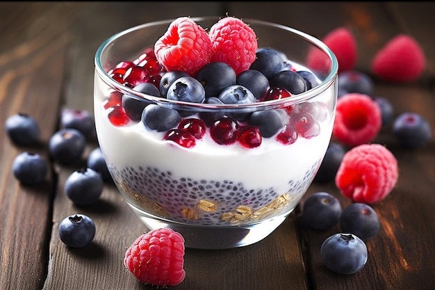 Fruit salad with berries and yogurt on a wooden table