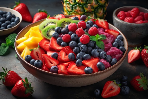 Fruit salad with juicy slices of watermelon pineapple and strawberries surrounded by fresh blueberries and raspberries Generative ai