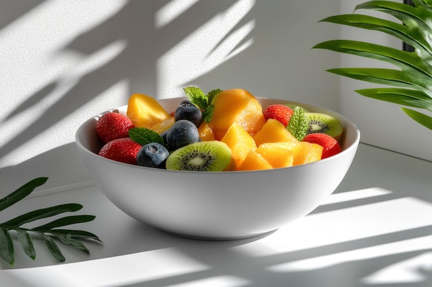 Photo fruit salad with strawberries kiwi and blueberries in a white bowl