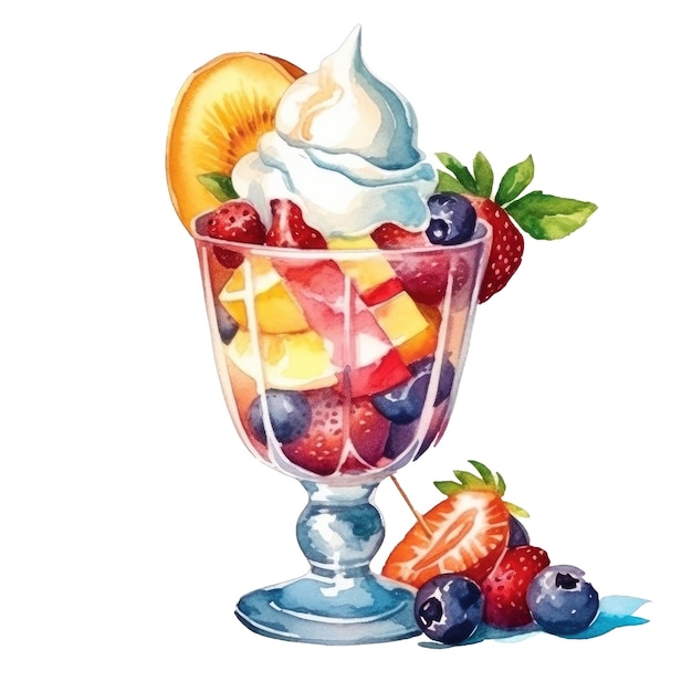 Fruit salad with vanilla ice cream in glass sundae dish cup isolated on transparent background Ai generative