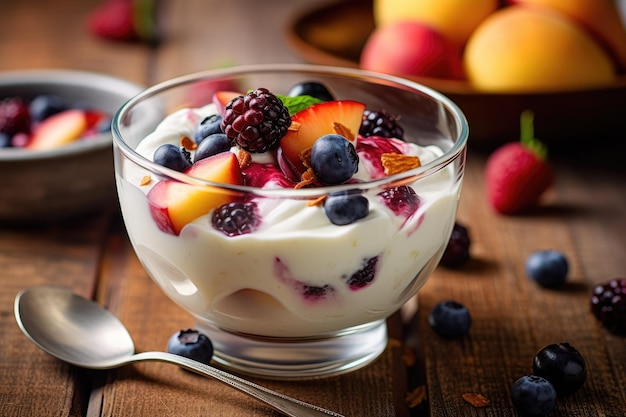 Fruit salad with yogurt on table