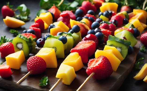 Fruit skewers with strawberries kiwi blueberries and pineapple Summer fruits