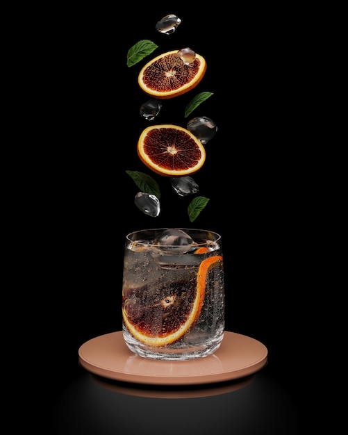 Fruit slices mint and ice falling in glass with drink on black background cocktail concept 3d rendering