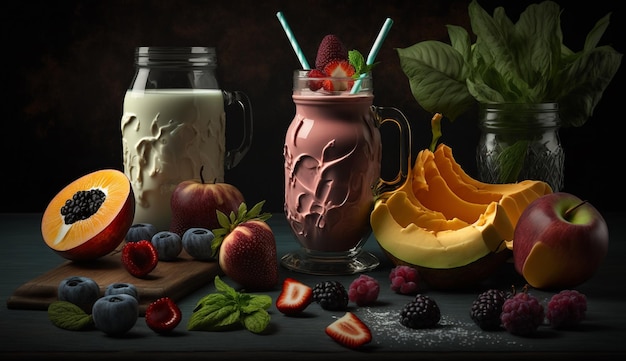 Fruit smoothie on a dark background Generative AI