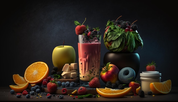 Fruit smoothie on a dark background Generative AI