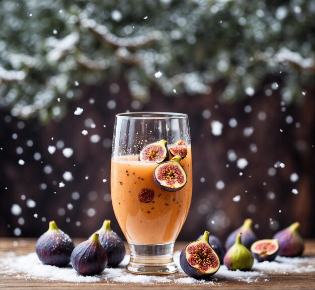 Fruit smoothie with fresh figs and ice on a wooden background