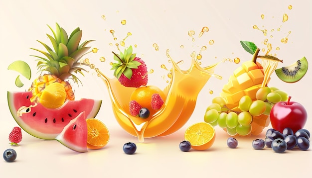 Fruit Splash Symphony Vibrant Refreshing and Lively Fruit Burst in Water Perfect for Advertising Mar