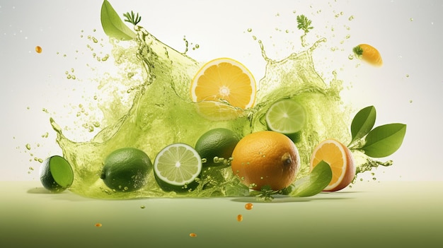 Fruit splash with lime lemon orange and green leaves