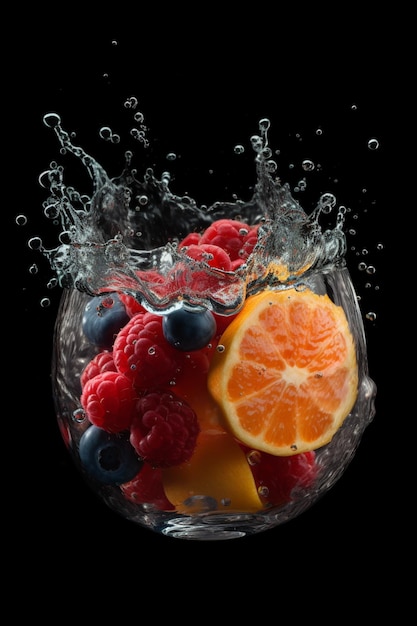 A fruit splashing into a glass of water