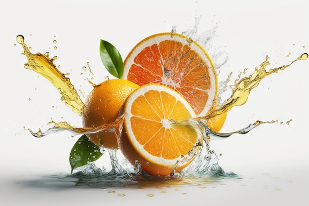 Fruit splashing into water on white background Orange Generative AI