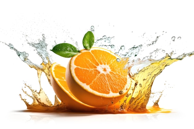 Fruit splashing of juice with orange with a splash of water on white background Generative AI