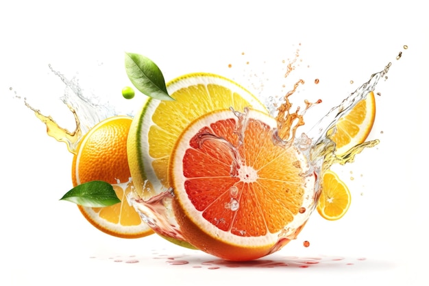 Fruit splashing of juice with orange with a splash of water on white background Generative AI