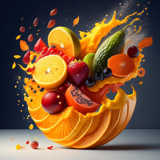 A fruit splashing out of a fruit splashing into a large orange juice splash