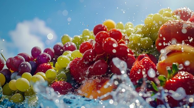 Fruit splashing in water on blue sky background with copy space Generative AI illustrations