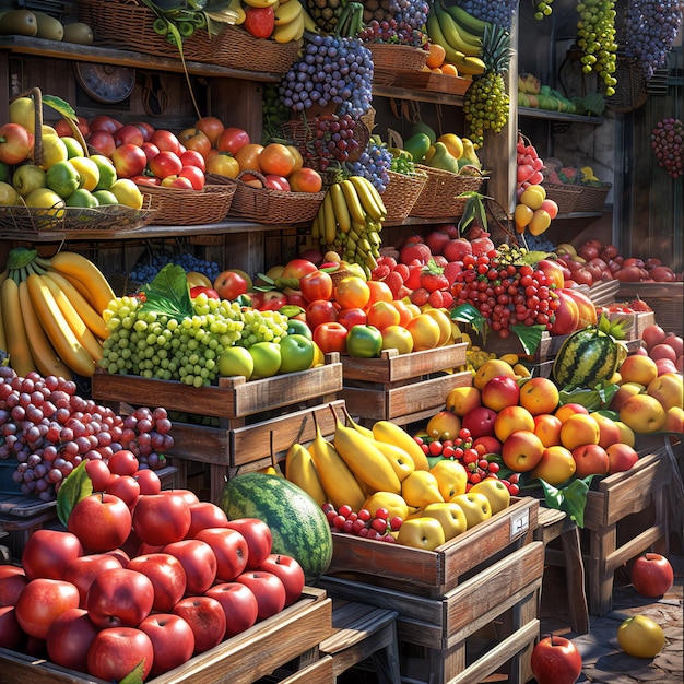 a fruit stand with bananas bananas and other fruits