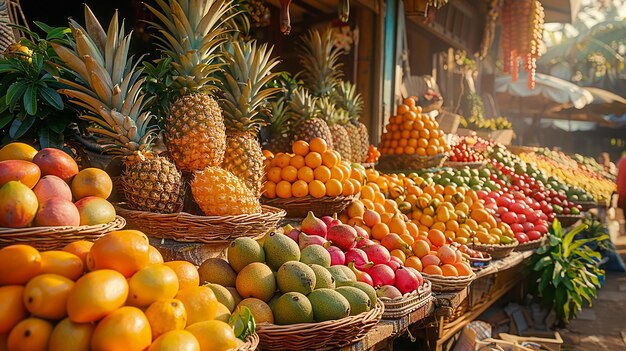 a fruit stand with a basket of pineapples and a basket of oranges