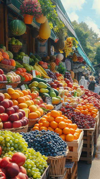 a fruit stand with a basket of pineapples and other fruits